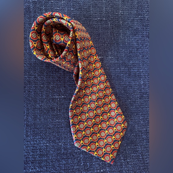 Bullock & Jones Handmade Spain Silk Medallion Tie Navy Red Gold 57” - Picture 6 of 13